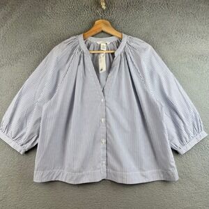New HM Women Blue  Striped Button Down Blouse V-Neck 3/4 Puff Sleeve Size M